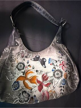 Embroidered Floral Hobo Bag - Black and Multicolor